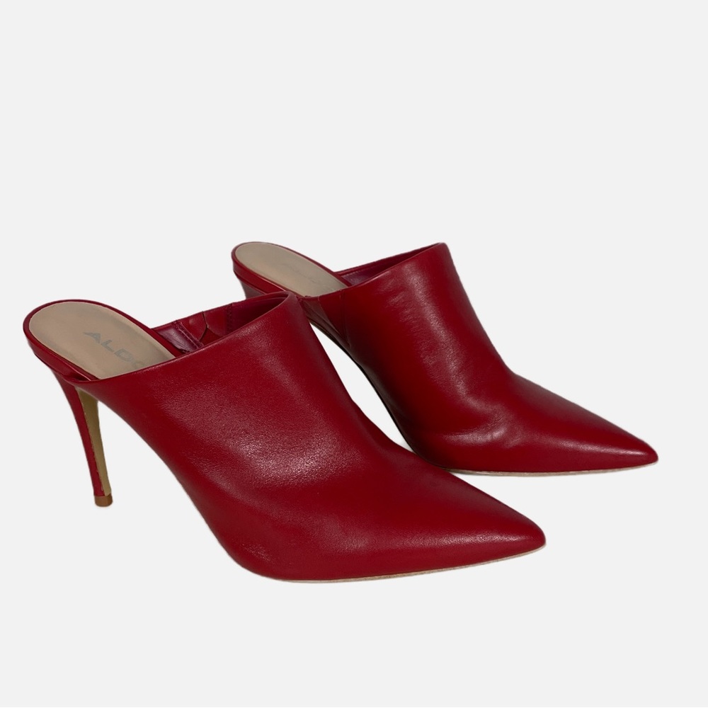 Aldo Lareidith Heels Mules Red Leather Size 7 Pointed Toe Stilleto Slip On Shoes